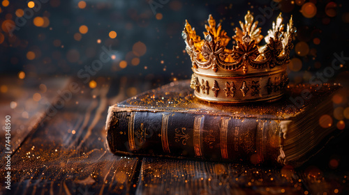 the holy bible lies on the table on the bible there is a golden crown of the king