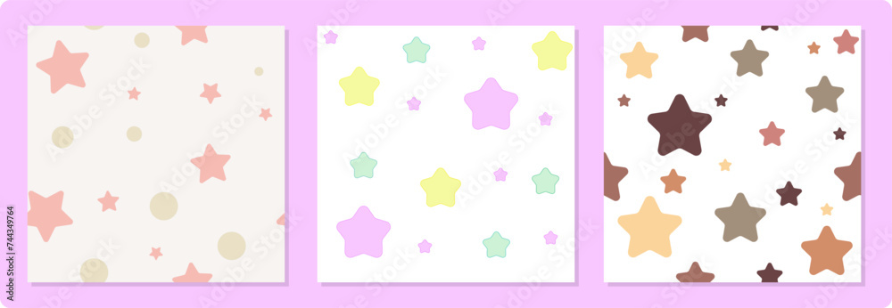 Set of three square baby seamless pattern with colored stars. Flat style, isolated on a white and cream color. Cute vector background for cover, fabric, textile, dishes, stationery, interior decor. Set of three square baby seamless pattern with colored stars. Flat style, isolated on a white and cream color. Cute vector background for cover, fabric, textile, dishes, stationery, interior decor.