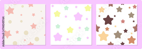 Set of three square baby seamless pattern with colored stars. Flat style  isolated on a white and cream color. Cute vector background for cover  fabric  textile  dishes  stationery  interior decor.