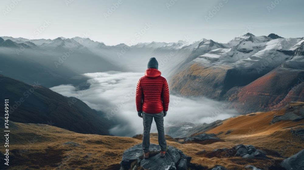 Man in red jacket standing on mountain top with fog