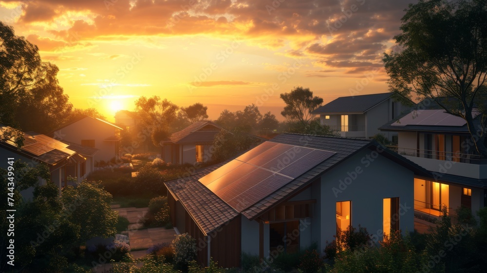 A 3D rendered image of a house at sunrise, with brand new solar panels on the roof reflecting the early light, set against a backdrop of a waking neighborhood, emphasizing the modern, energy-ef A 3D rendered image of a house at sunrise, with brand new solar panels on the roof reflecting the early light, set against a backdrop of a waking neighborhood, emphasizing the modern, energy-ef