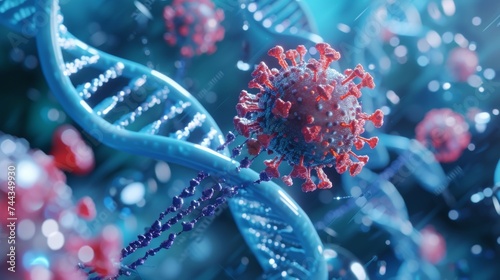 A 3D rendered image of a holographic virus structure interlaced with a DNA helix, displayed in a high-tech laboratory setting, showcasing the intricate details and molecular complexity in a viv