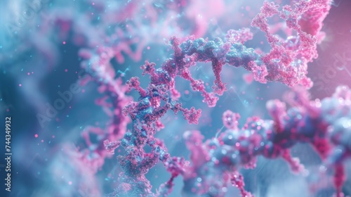 A 3D rendered image of a holographic virus structure interlaced with a DNA helix, displayed in a high-tech laboratory setting, showcasing the intricate details and molecular complexity in a viv