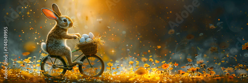A rabbit on a bicycle with a backpack, Happy easter Easter bunny colorful spring flowers cute classic illustrations of easter eggs,