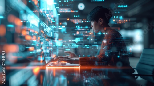 A 3D rendered image of a man in a high-tech workspace using a laptop, with the screen displaying futuristic interfaces and high-speed connectivity symbols, emphasizing the advanced technology a
