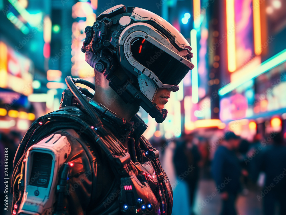 Close up of a futuristic robot guide in a neon lit cityscape its circuits glowing with cool soft light amidst tourists