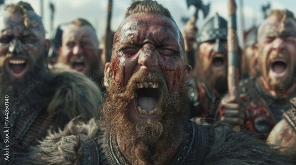 A group of Viking Berserkers feast and celebrate their recent victory their faces marked with smears of as they revel in their savage way of life. A group of Viking Berserkers feast and celebrate their recent victory their faces marked with smears of as they revel in their savage way of life.