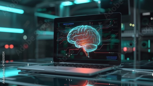 A 3D rendered image of a sleek laptop displaying an interactive brain hologram, with touchpoints for different neural functions and layers of deep learning networks, set in a futuristic AI deve photo