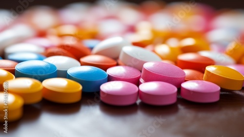 Pills of different colors in shallow depth of field background