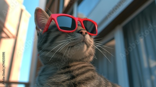 A 3D rendered image of a sleek, fur-coated cat striking a pose with trendy red sunglasses, set in a chic and modern setting, showcasing the cat's fashionable aura and the lighthearted side of p