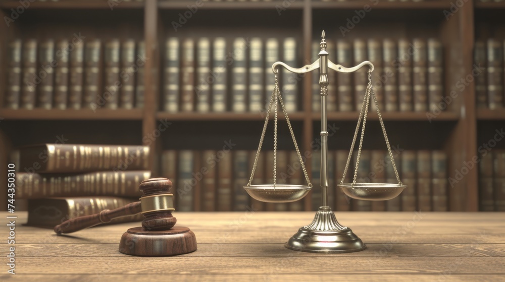 A 3D rendered image of a symbolic scene in a Court of Justice, featuring a balanced scale and a gavel on a wooden desk, with legal books in the background, highlighting the concepts of law, ord