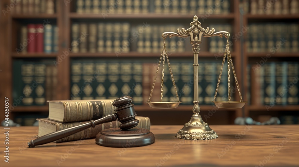A 3D rendered image of a symbolic scene in a Court of Justice, featuring a balanced scale and a gavel on a wooden desk, with legal books in the background, highlighting the concepts of law, ord A 3D rendered image of a symbolic scene in a Court of Justice, featuring a balanced scale and a gavel on a wooden desk, with legal books in the background, highlighting the concepts of law, ord