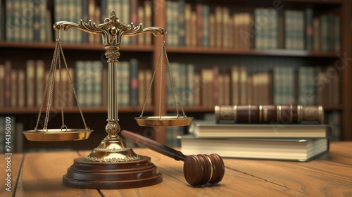 A 3D rendered image of a symbolic scene in a Court of Justice, featuring a balanced scale and a gavel on a wooden desk, with legal books in the background, highlighting the concepts of law, ord