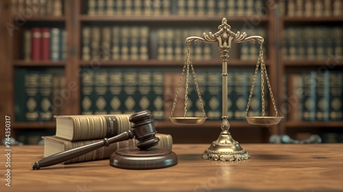 A 3D rendered image of a symbolic scene in a Court of Justice, featuring a balanced scale and a gavel on a wooden desk, with legal books in the background, highlighting the concepts of law, ord photo