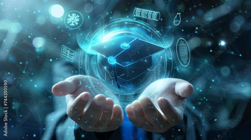 A 3D rendered image of hands presenting a transparent globe with a graduation cap, with digital holograms of educational elements like books, formulas, and graduation scrolls around it, showcas - obrazy, fototapety, plakaty 