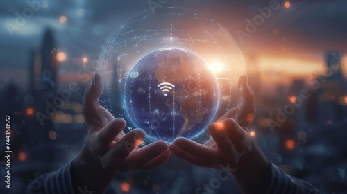 A 3D rendered image of hands emerging from a digital landscape, holding a crystal clear globe with digital and technological symbols like wifi signals, binary code, and smart city representatio