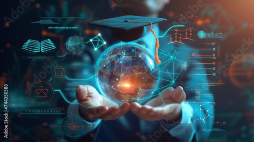 A 3D rendered image of hands presenting a transparent globe with a graduation cap, with digital holograms of educational elements like books, formulas, and graduation scrolls around it, showcas