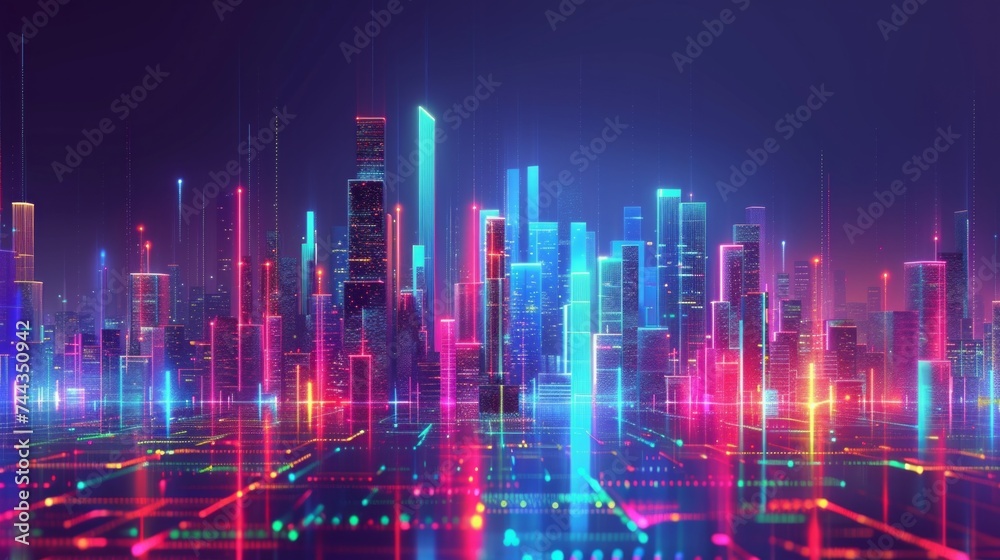 a city landscape with neon strips in the surface, in the style of minimalist stage designs, spectral, multi-coloured minimalism, AI Generative a city landscape with neon strips in the surface, in the style of minimalist stage designs, spectral, multi-coloured minimalism, AI Generative