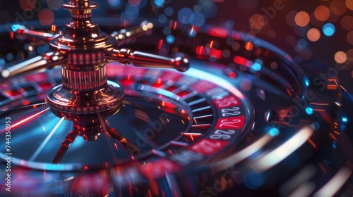 A close-up, image of a miniature roulette wheel, highlighting the precision and detail of the game elements, with a focus on the spinning wheel. Created Using style, close-up view,, AI Generative