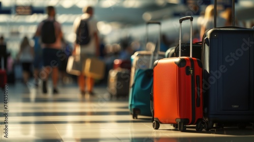 A photo-realistic image of a busy airport terminal with travelers and a diverse array of luggage suitcases, showcasing the vibrant and hectic atmosphere of travel, with suitcases lined up and i