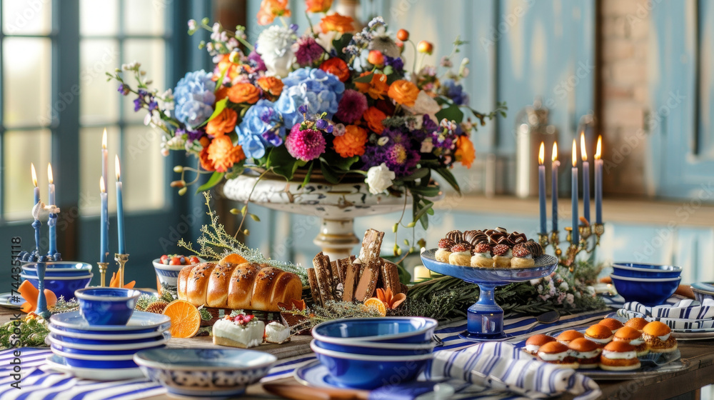 A festive Hanukkah table features blue and white striped napkins and a vibrant floral centerpiece with a mix of traditional and modern menorahs as the focal point. The spread
