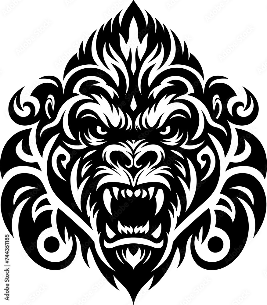 modern tribal tattoo gorilla, monkey, abstract line art, minimalist contour. Vector