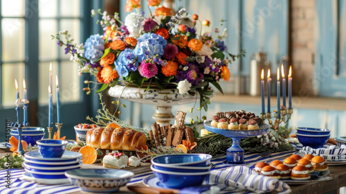 A festive Hanukkah table features blue and white striped napkins and a vibrant floral centerpiece with a mix of traditional and modern menorahs as the focal point. The spread