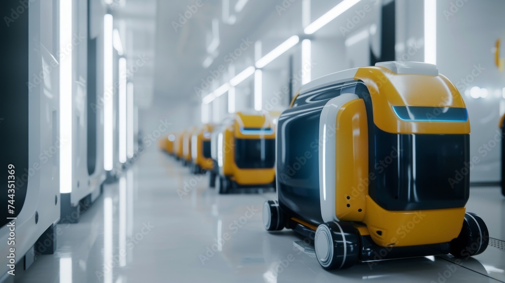 A sleek modern innovation factory with a white interior, showcasing an advanced assembly line attended by robots. The robots are designed in deep dark blue and darker yellow, empha, AI Generative A sleek modern innovation factory with a white interior, showcasing an advanced assembly line attended by robots. The robots are designed in deep dark blue and darker yellow, empha, AI Generative