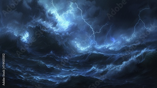 A night storm raging over the ocean, depicted with menacing giant waves and striking lightning illuminating the scene. The artwork captures the formidable power of nature, set agai, AI Generative