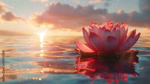 A serene image of a Zen lotus flower floating gracefully on calm water, capturing the essence of meditation and spirituality. This concept symbolizes peace, purity, and the journey, AI Generative