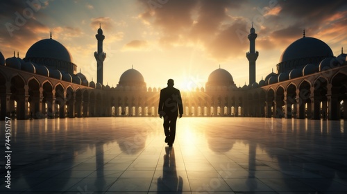 Silhouette of muslim family walking in the mosque