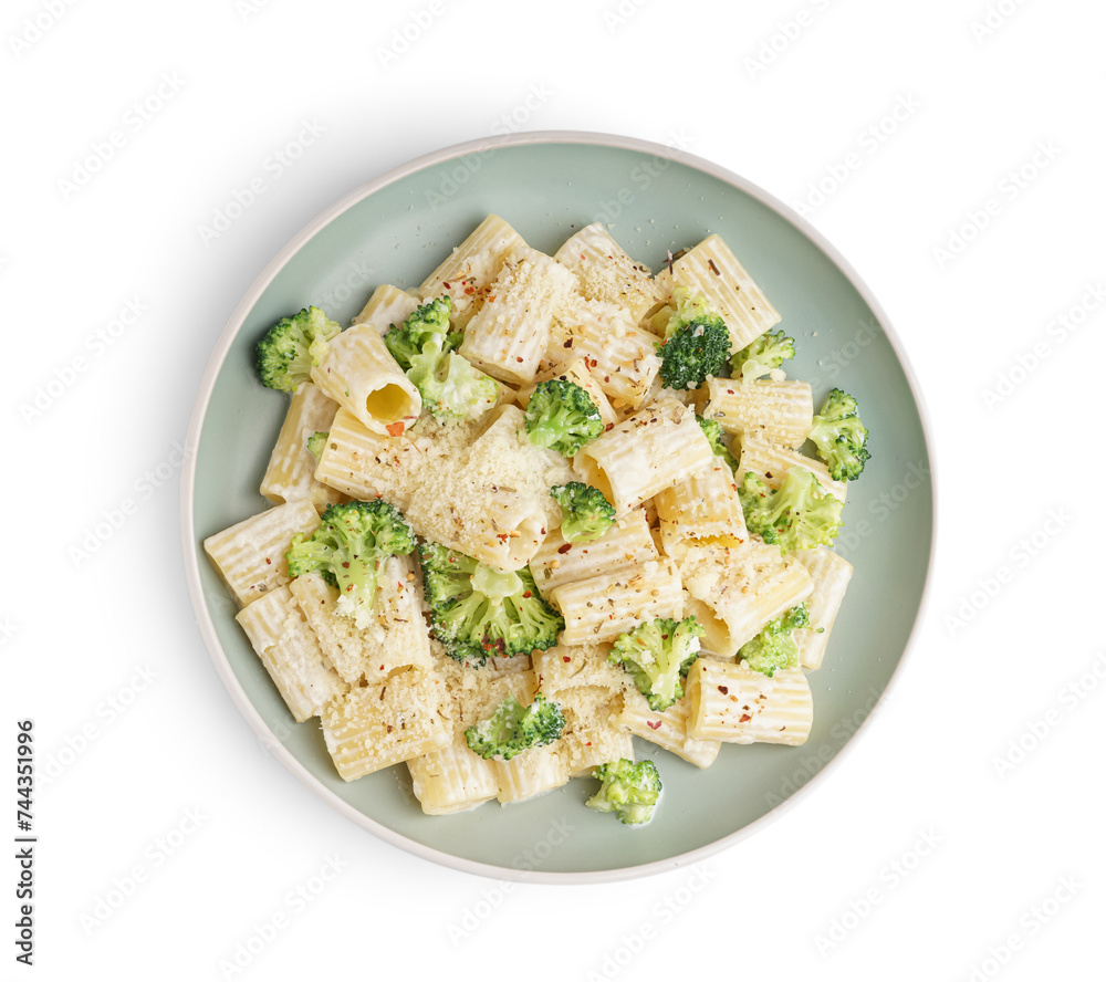 Plate of tasty pasta with broccoli on white background Plate of tasty pasta with broccoli on white background