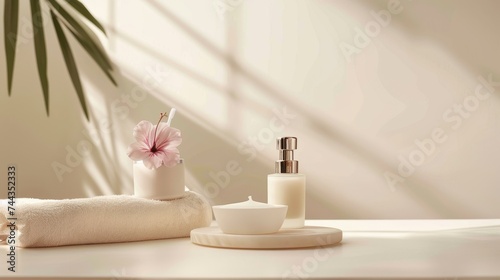 Spa facial products display, elegant and clean setting.