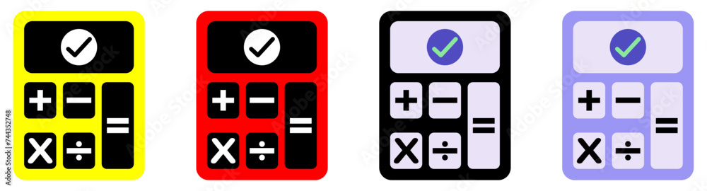 Calculator icon isolated with check mark financial, graph economics analytics. cost reduction saving education concept. Calculator icon isolated with check mark financial, graph economics analytics. cost reduction saving education concept.