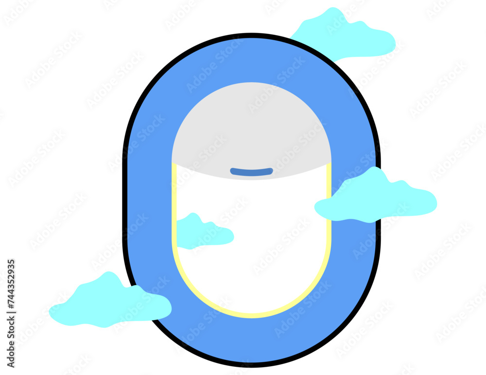 Plane window with air clouds scene design of Inside airplane elements graphic, leisure touring holiday summer concept. on isolated background.