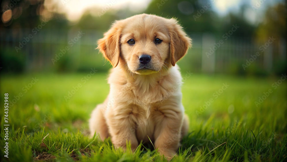 A charming golden retriever dog relaxing on a patch of lawn