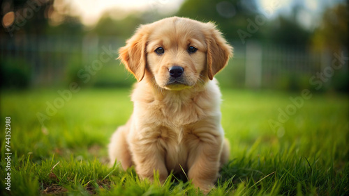 A charming golden retriever dog relaxing on a patch of lawn