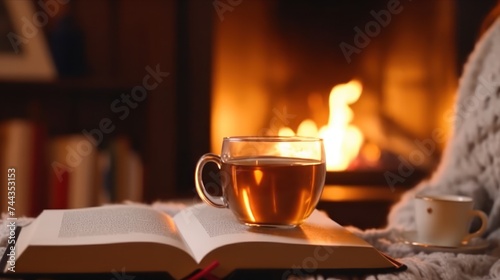 Woman with glass of hot cocoa and book near fireplace at home, closeup.