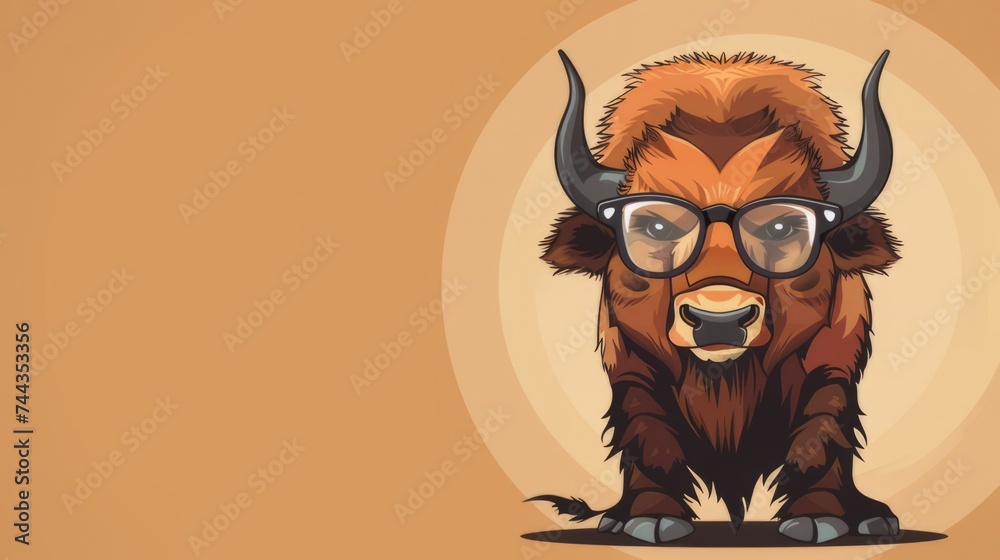 Illustration in flat style, A cute little bison wearing glasses posed ...