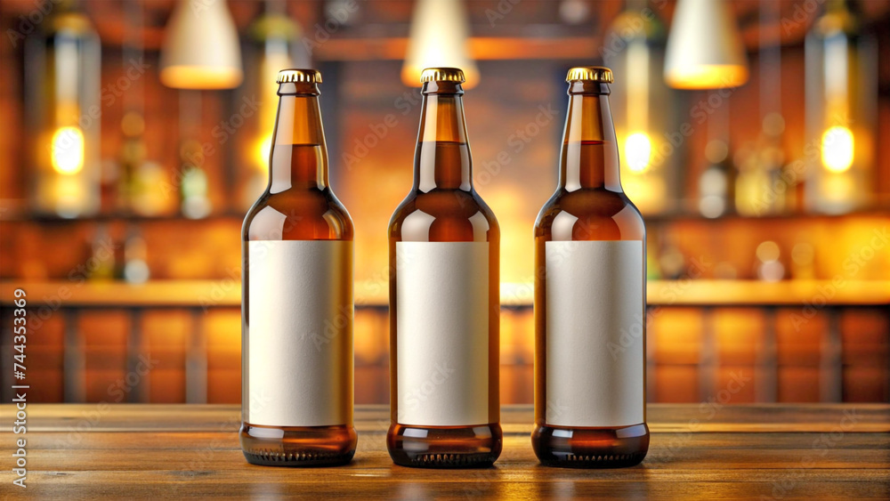 Beer bottle set mockup against bar blur
