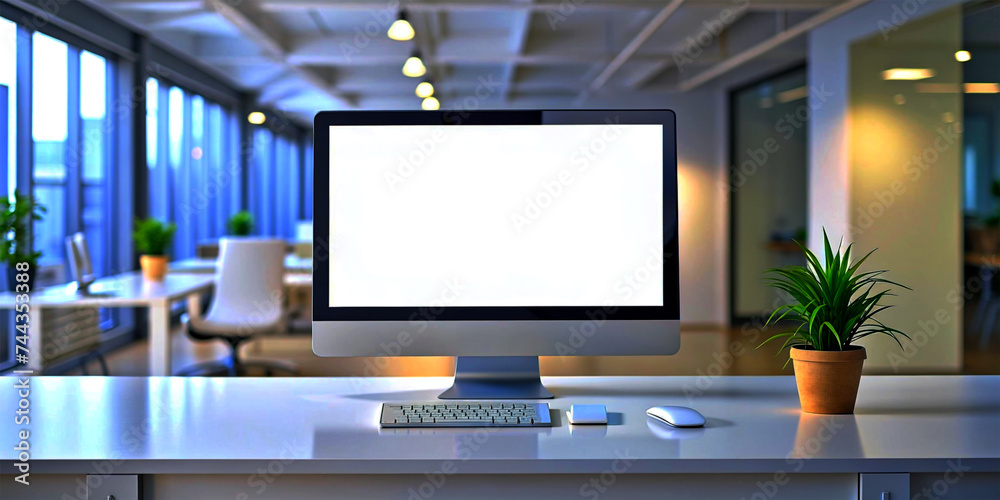 Blank computer screen mockup with clean office backdrop