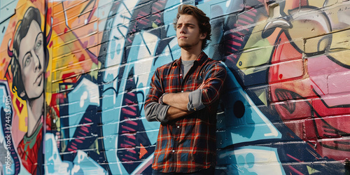 Fashionable Generation Z man confidently stands with a wall covered in a graffiti mural behind him