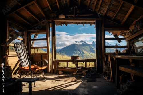 Scenery view from inside hut. Nature landscape view from vacation lodge. Generate ai
