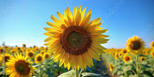 Closeup sunflower with blue sky backdrop