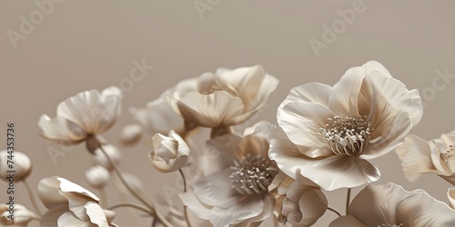 Flowers in muted  earthy tones  creating a feeling of calm and elegance and minimalism. Beige background