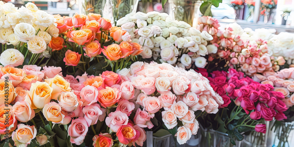 A display of assorted roses in various shades of pink