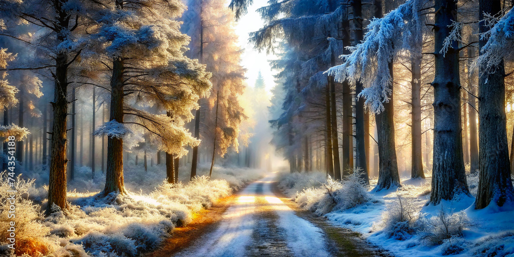 Scenic forest trail adorned with frosty trees