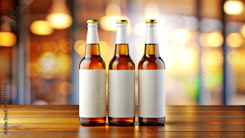 Three beer bottles mockup on a blurry bar background