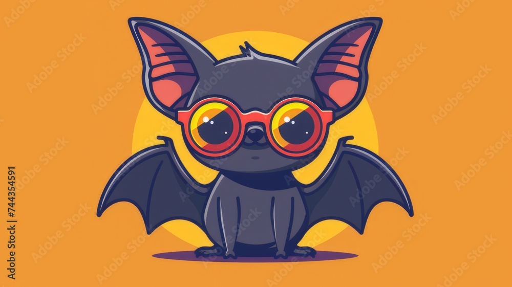 Fototapeta premium Illustration in flat style, A cute little bat wearing glasses posed against a green background