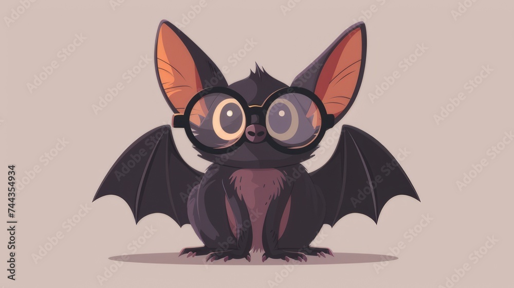 Illustration in flat style, A cute little bat wearing glasses posed against a green background